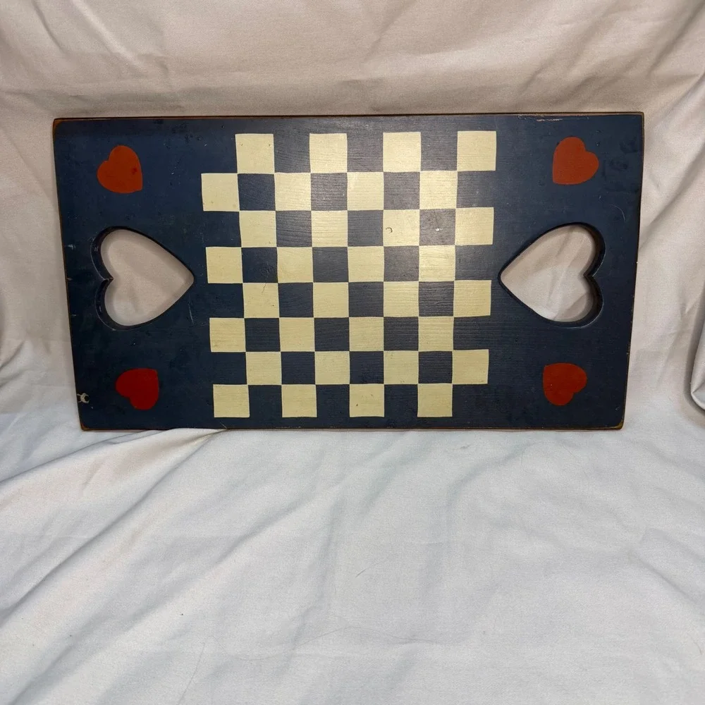 Vintage Wooden Checkerboard Serving Tray Heart Cutout Handles Navy granny core